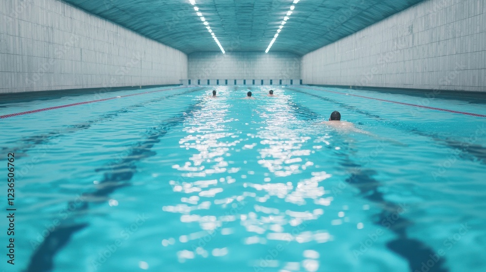 Obraz premium Swimmers in an Indoor Pool with Blue Water and Bright Lighting