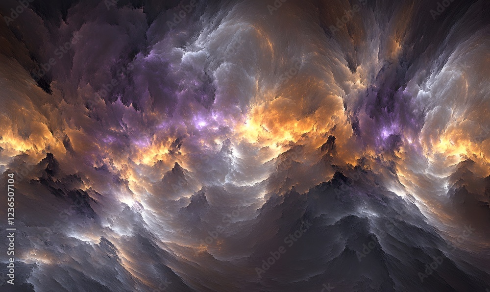 Obraz premium Abstract cosmic landscape, swirling clouds, fiery glow, digital art, background