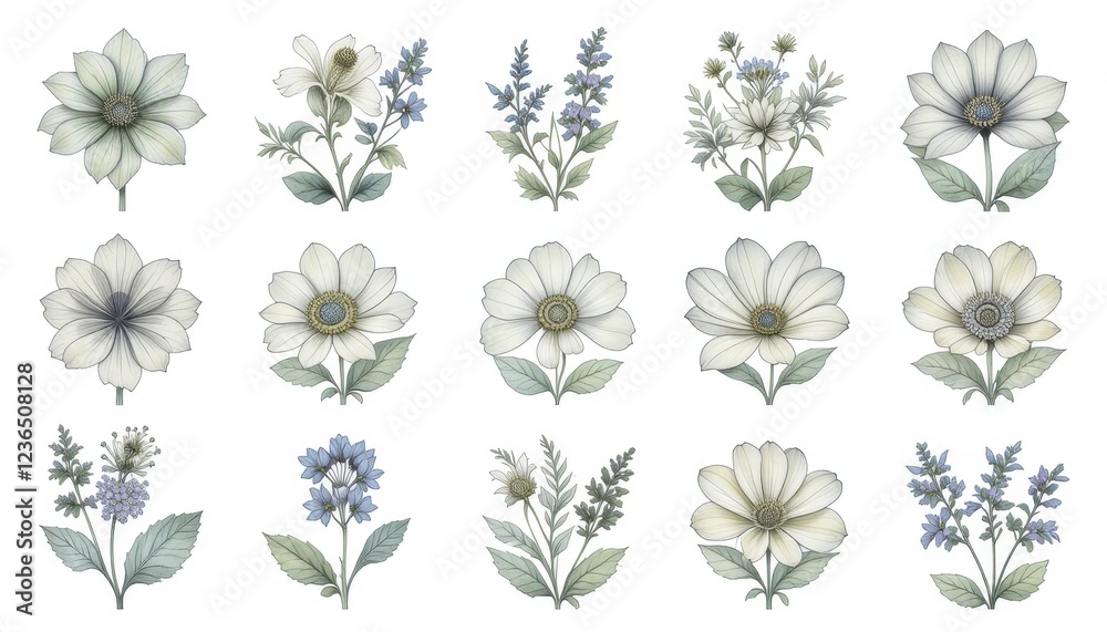 Fototapeta premium A set of sage flower illustrations on a white background