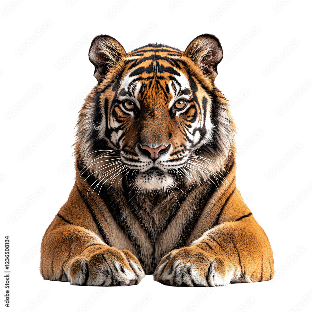 Naklejka premium Majestic Tiger Lying Down and Gazing at the Camera Isolated on Transparent Background for Wildlife and Nature Design Concepts