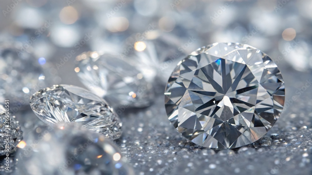 Sparkling Diamonds on Glittering Surface - Close-up of Cut Diamonds on Shimmering Background Sparkling Diamonds on Glittering Surface - Close-up of Cut Diamonds on Shimmering Background