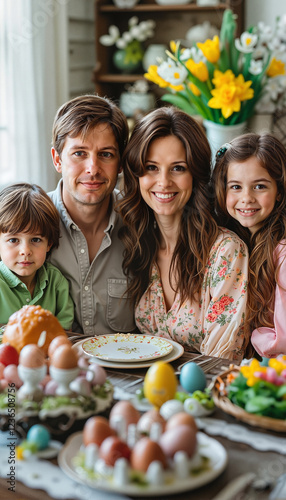 Smiling family enjoying the Easter holiday together. Parents and children at the Easter dinner table
