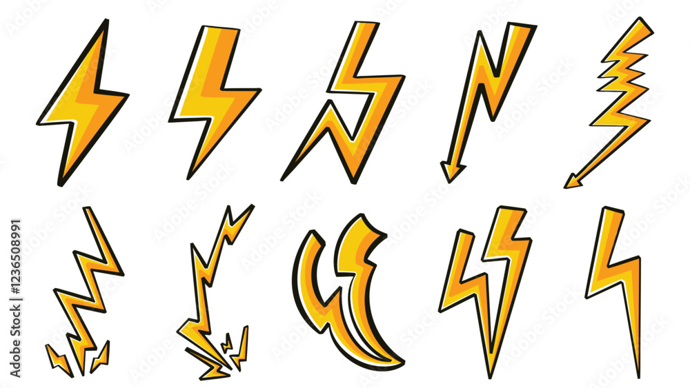 Cartoon Lightning Bolt Icons Set – Energy and Power Symbols Cartoon Lightning Bolt Icons Set – Energy and Power Symbols