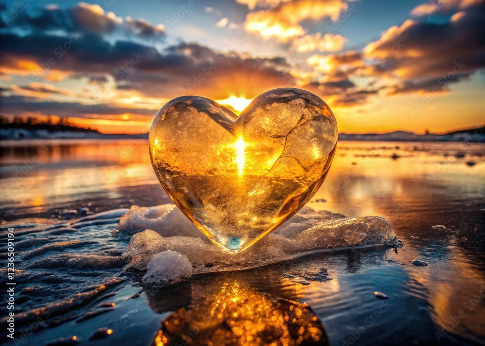A heart of ice, glowing warmly, reflects a breathtaking landscape's beauty. A heart of ice, glowing warmly, reflects a breathtaking landscape's beauty.