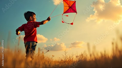 video. Little indian boy playing with kite in nature celebrating Makar Sankranti festival. Hindu harvest festival, celebrated at the winter solstice. Happy Makar Sankranti.	
