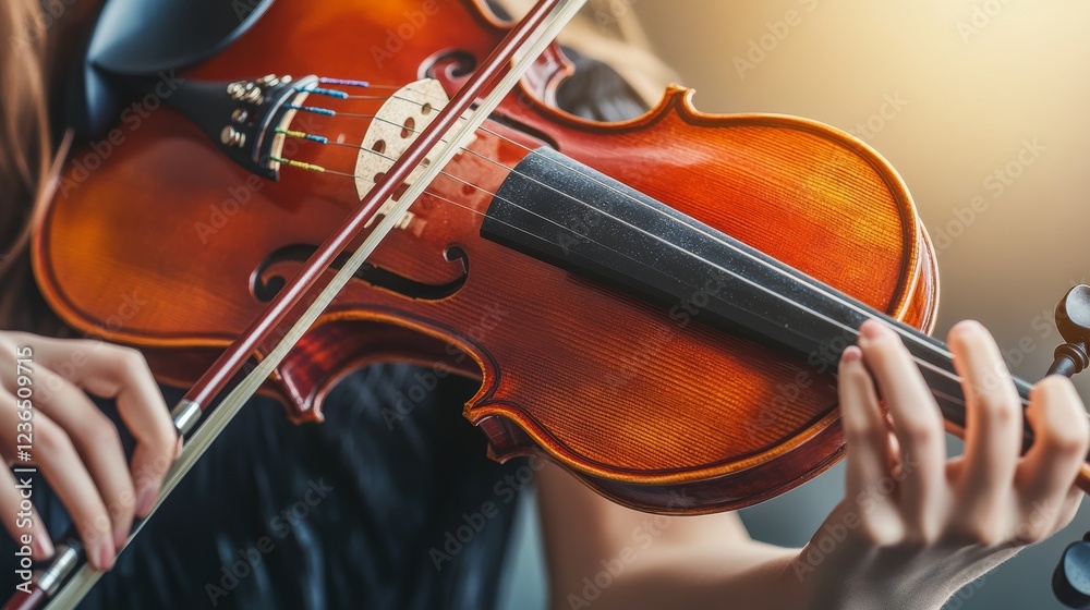 Violin in the hands of a musician in the orchestra closeup Violin in the hands of a musician in the orchestra closeup