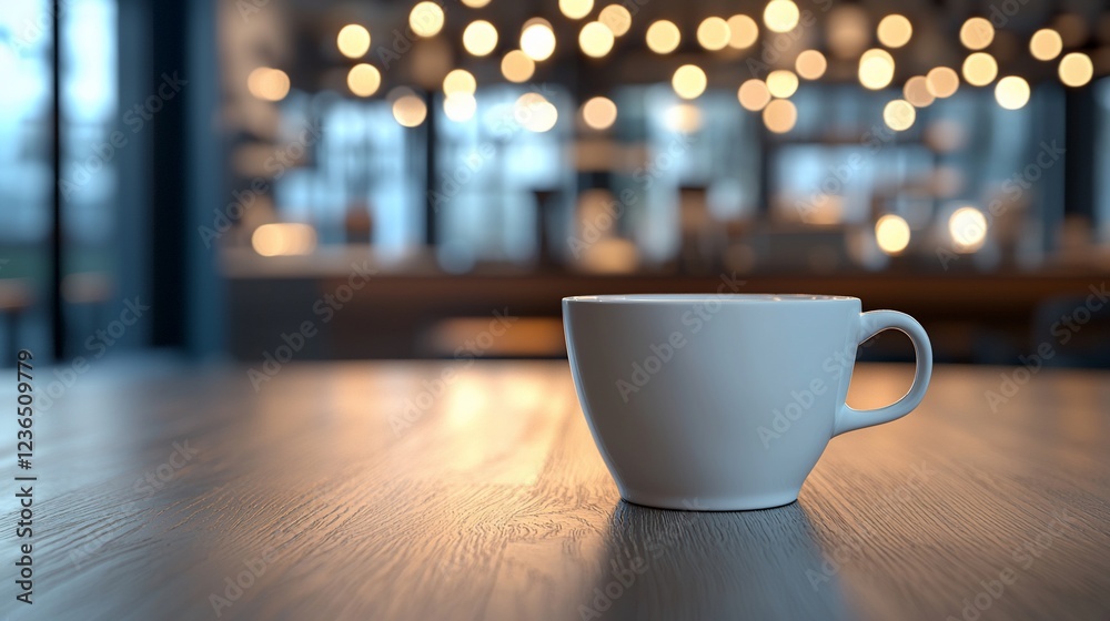 Fototapeta premium White coffee cup on wooden table in cafe. (1)