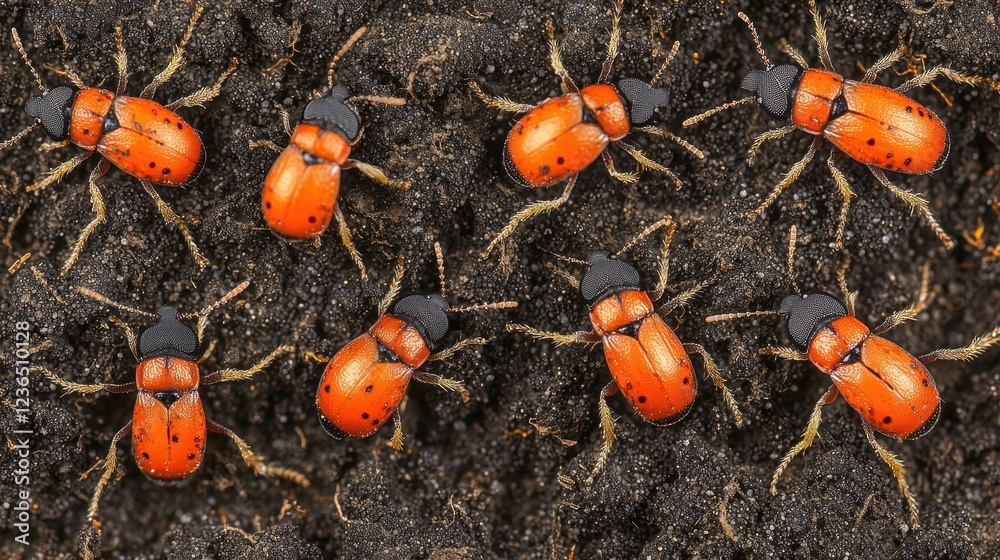 Close-Up View of Red Beetles Crawling on Dark Soil Surface Close-Up View of Red Beetles Crawling on Dark Soil Surface