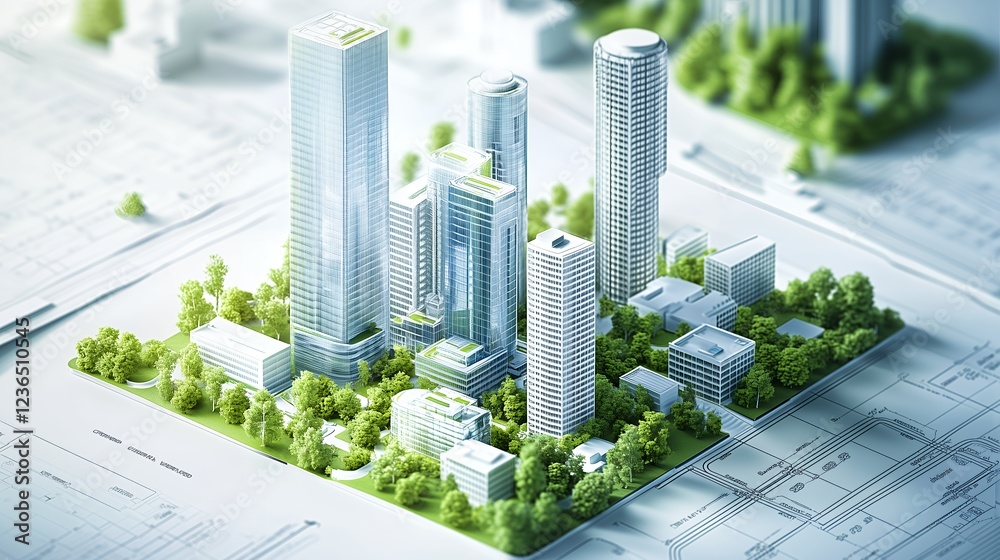 Eco-friendly city model, miniature cityscape with green trees on blueprint background, architecture design concept for sustainable urban planning, real estate, and eco-city development Eco-friendly city model, miniature cityscape with green trees on blueprint background, architecture design concept for sustainable urban planning, real estate, and eco-city development