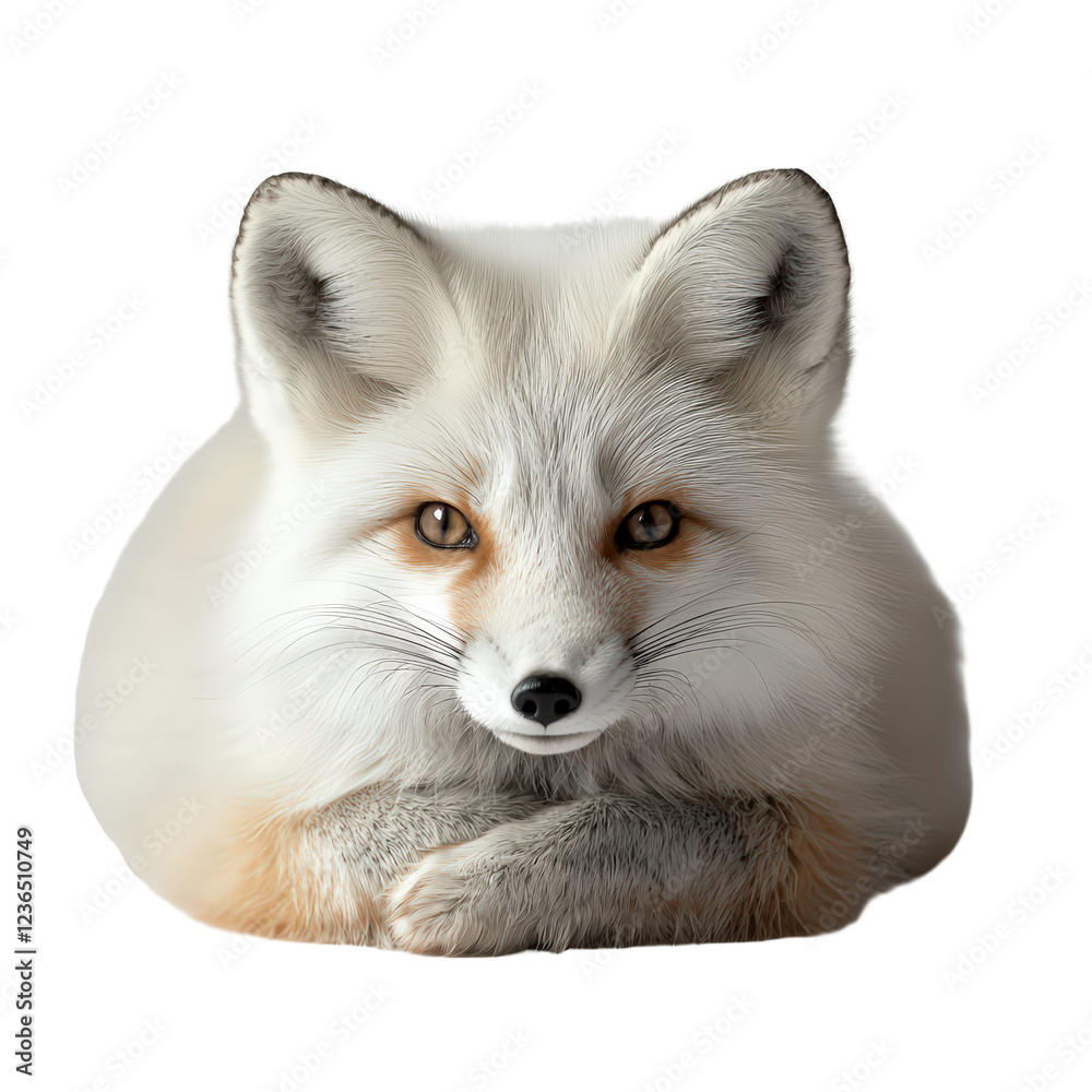 Obraz premium Elegant White Fox Lying Down Isolated on Transparent Background for Serene Wildlife and Nature Design Concepts