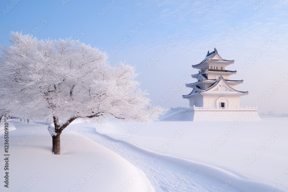 Snow-covered tree in winter landscape with white snowflakes falling amidst a calm and serene environment Snow-covered tree in winter landscape with white snowflakes falling amidst a calm and serene environment