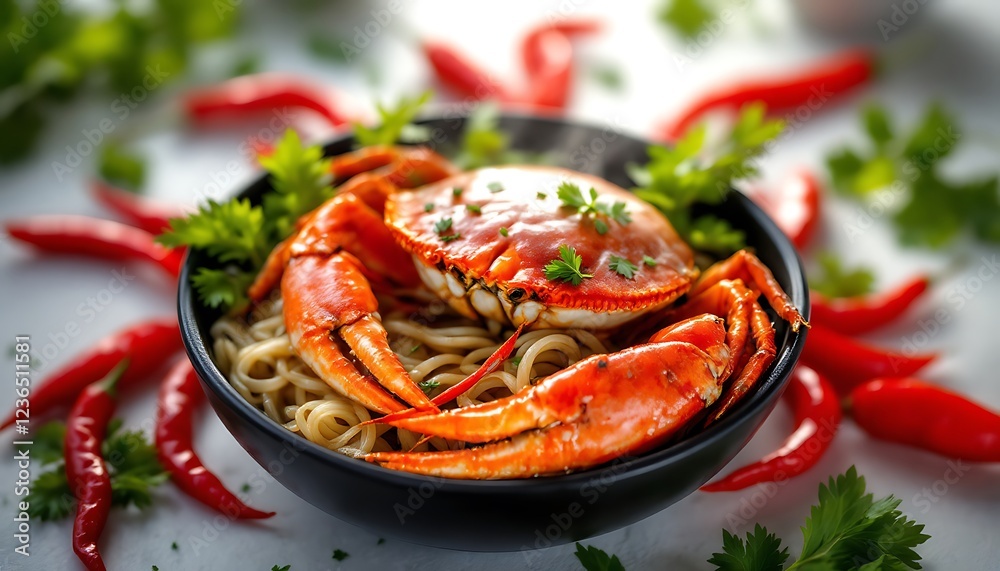 Spicy Red Crab Noodles Chili Garnish Asian Cuisine Dish Spicy Red Crab Noodles Chili Garnish Asian Cuisine Dish