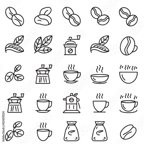 30 Minimalist Linear Coffee Icons | Bean to Brew Journey | Editable Stroke, Modern Outline Set for Branding & Packaging
