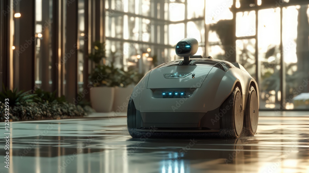 Obraz premium Autonomous cleaning robot glides across the polished floor of a modern building