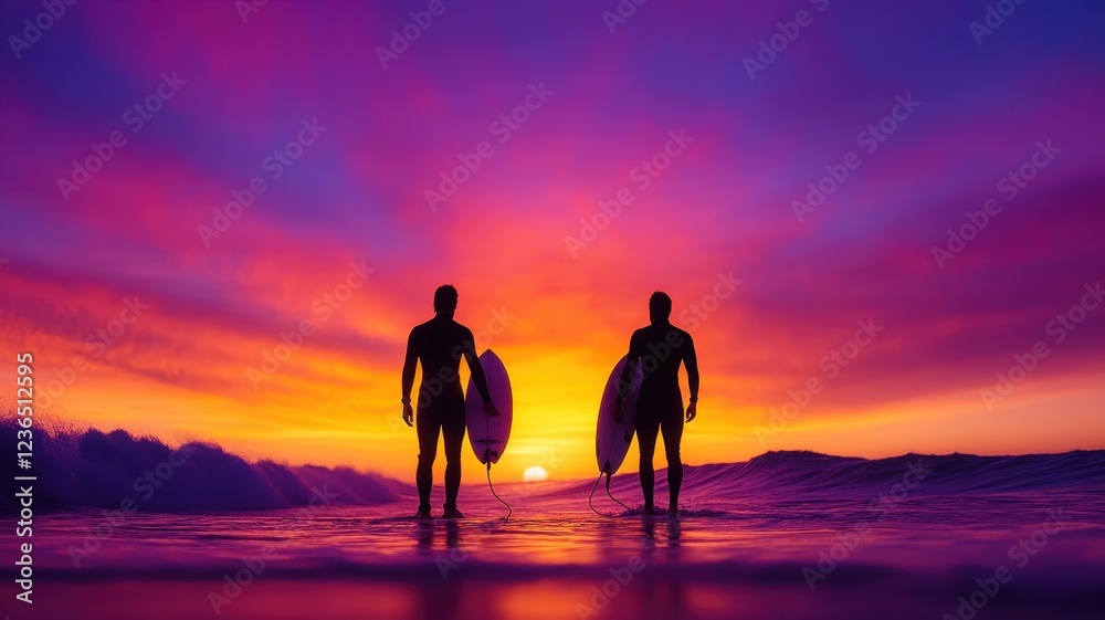 Two surfers riding waves at sunset with vibrant sky colors and ocean reflections in the background Two surfers riding waves at sunset with vibrant sky colors and ocean reflections in the background