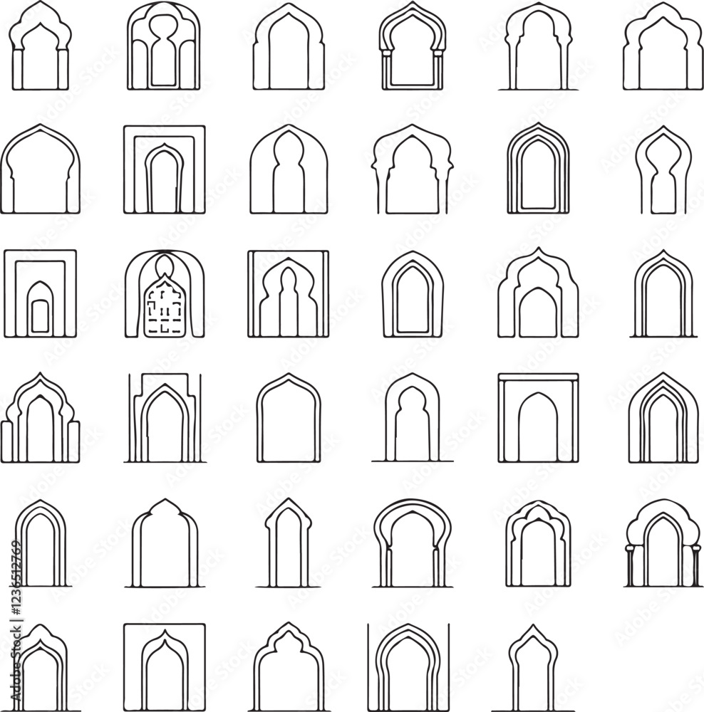 Set of 30 Editable Vector Icons: Islamic Door & Window Designs in Arabic, Moorish, & Persian Arch Styles Set of 30 Editable Vector Icons: Islamic Door & Window Designs in Arabic, Moorish, & Persian Arch Styles