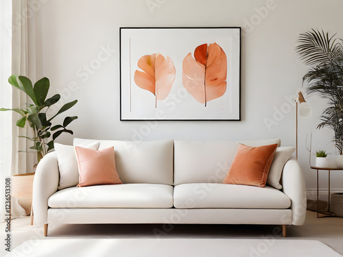 Modern Living Room Interior: A stylish off-white sofa with soft peach pillows sits serenely against a backdrop of a calming watercolor leaf print.