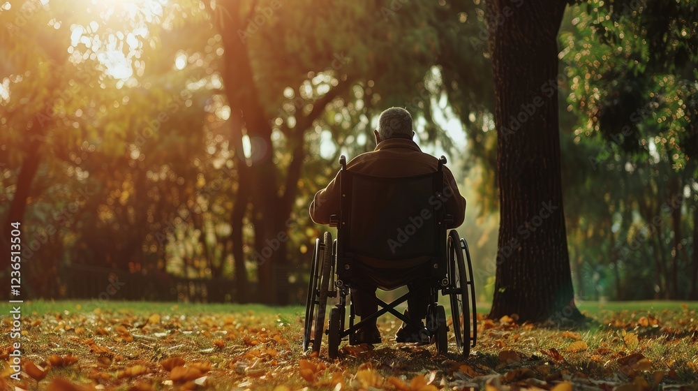 Man In Wheelchair Gazing At Sunlit Park Man In Wheelchair Gazing At Sunlit Park