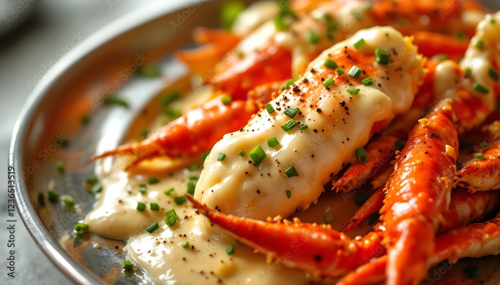Delicious King Crab Legs Creamy Sauce Garnish Metal Plate Delicious King Crab Legs Creamy Sauce Garnish Metal Plate