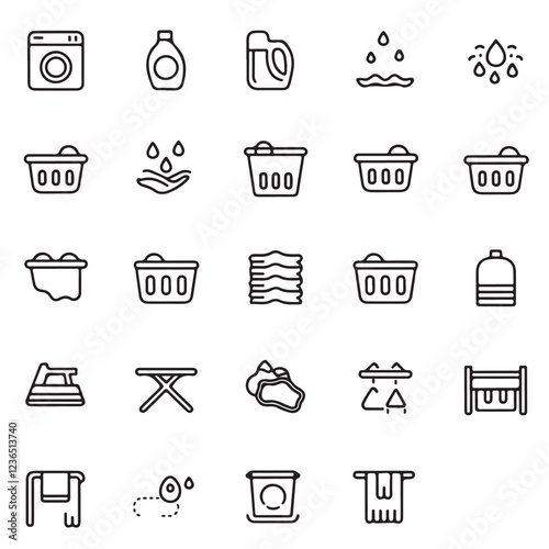 30 Minimalist Washing Icons | Clean Linear Laundry & Cleaning Outline Icon Set | Editable Stroke