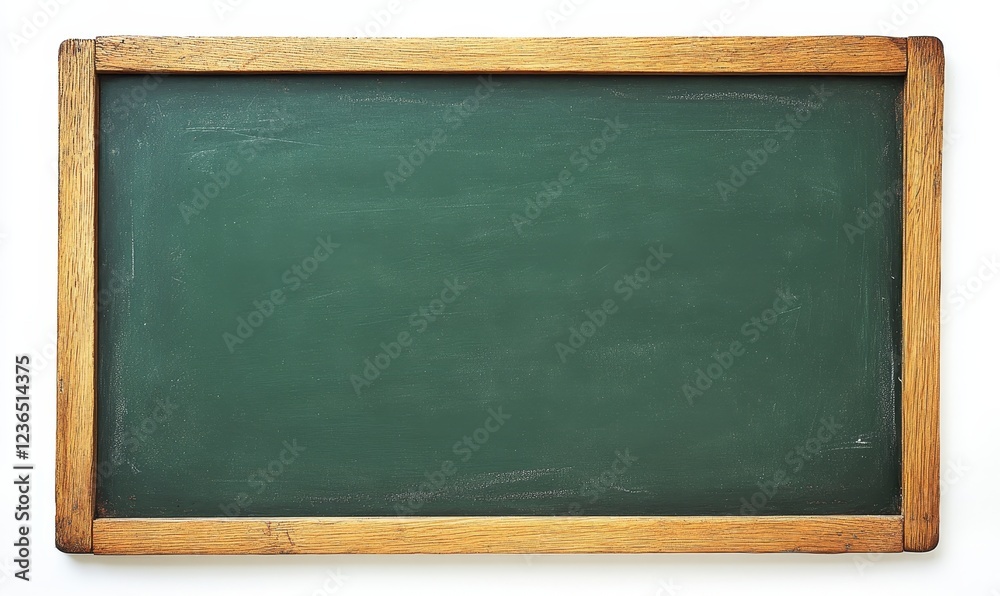 Blank chalkboard, wooden frame, white background, classroom learning