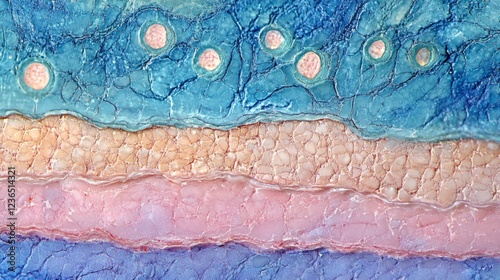 Light micrograph showing the stratum spinosum (bottom) and the stratum granulosum (granular layer) of the skin epidermis