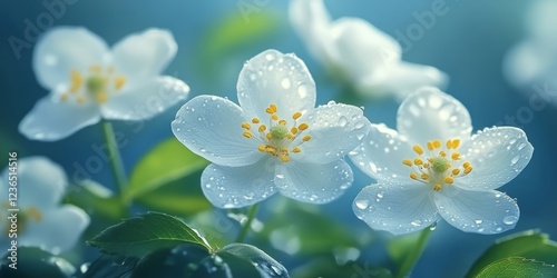 White wild rose flowers with dew drops, yellow stamens, green foliage, blue background., close up