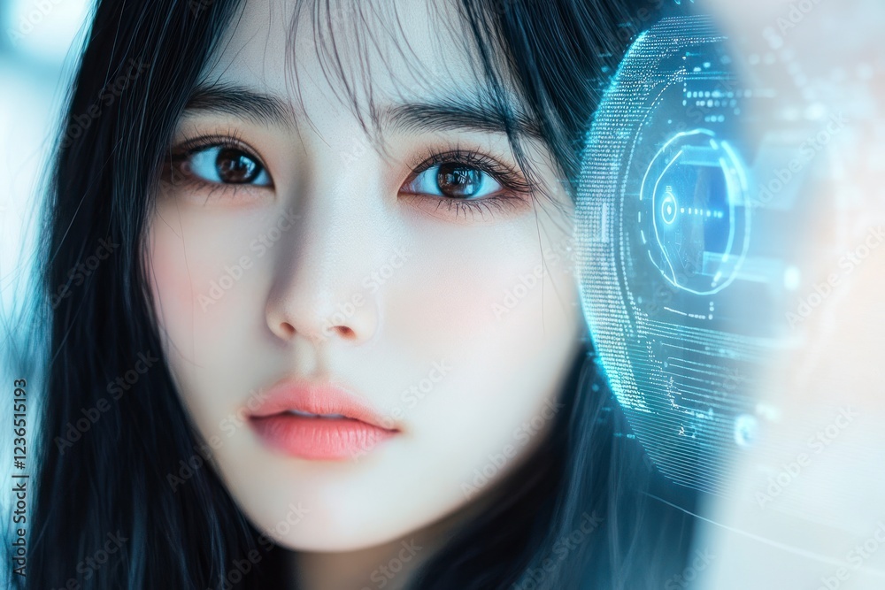 A young woman with long black hair is shown in close-up, her face adorned by an AI eye biometric system interface on the right side of it. A young woman with long black hair is shown in close-up, her face adorned by an AI eye biometric system interface on the right side of it.