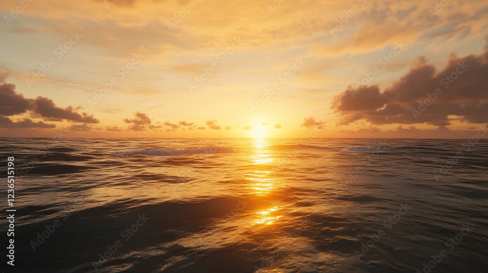 Obraz premium Golden hour over the ocean with sunset clouds and rippling waves reflecting the warm light