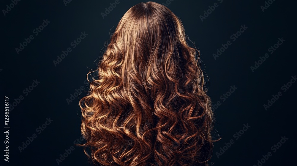 Fototapeta premium Head of a brown-haired with curly long hair on dark background isolated rear view head turning to the right