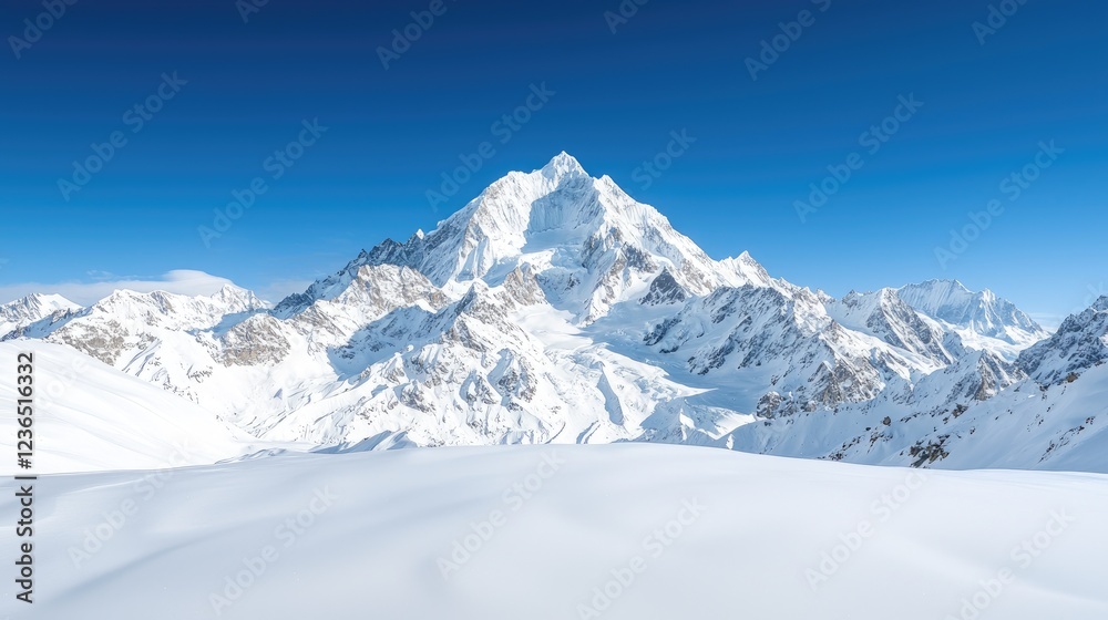 Majestic snow-capped mountain peak under a clear blue sky, winter landscape, ideal for travel brochures Majestic snow-capped mountain peak under a clear blue sky, winter landscape, ideal for travel brochures