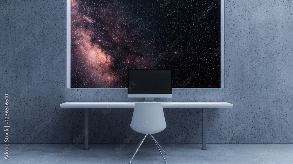 Fototapeta premium Modern Workspace with Cosmic View of the Starry Night Sky