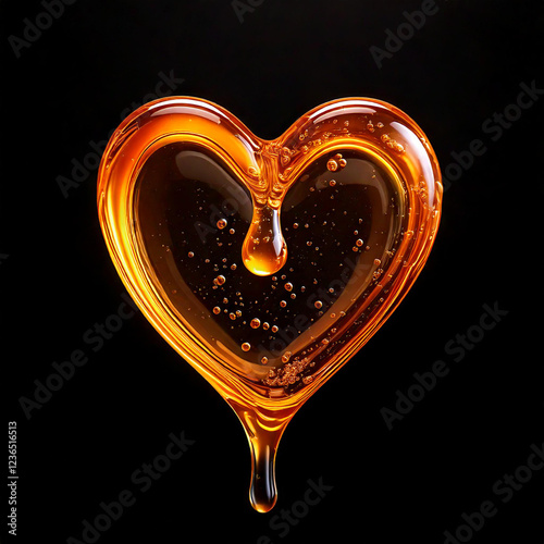 A drop of honey in the shape of love isolated on a black background.