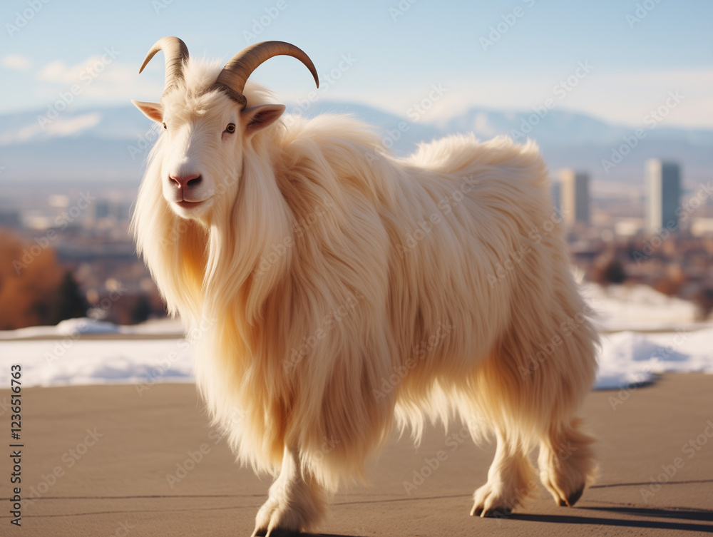 Fototapeta premium Adventurous Goat Posing Boldly On Urban Rooftop With Mountain Backdrop
