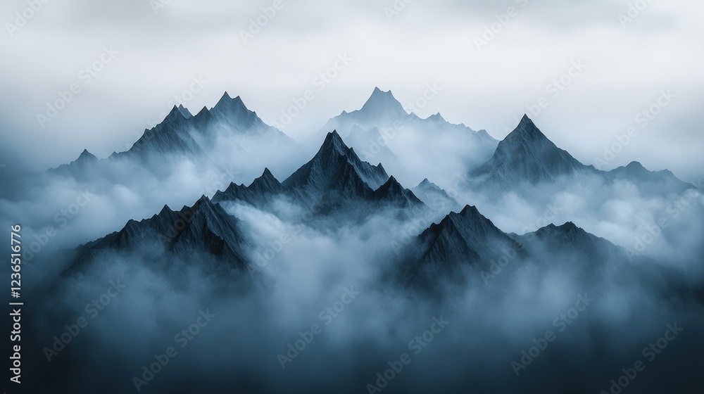 Obraz premium Majestic Mountain Peaks Emerging from Dense Fog and Clouds