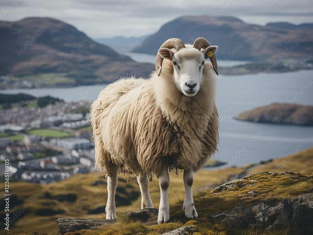 Obraz premium Tranquil Sheep Contemplating Coastal Mountain Vista From Grassy Hillside