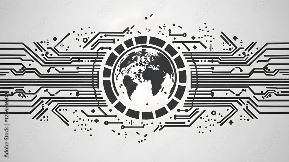 Obraz premium Global Network: Exploring the Interconnected World Through Digital Technology and Abstract Circuitry Designs, Showcasing Innovation and Connectivity in a Futuristic Style.