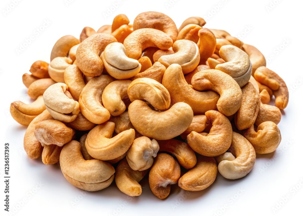 Exquisite cashew nuts gleam against a pure white backdrop; a gourmet still life. Exquisite cashew nuts gleam against a pure white backdrop; a gourmet still life.
