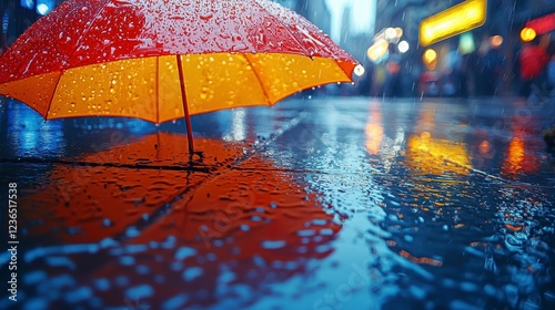 Rainy city street, umbrella reflection, blurred background, urban life photo