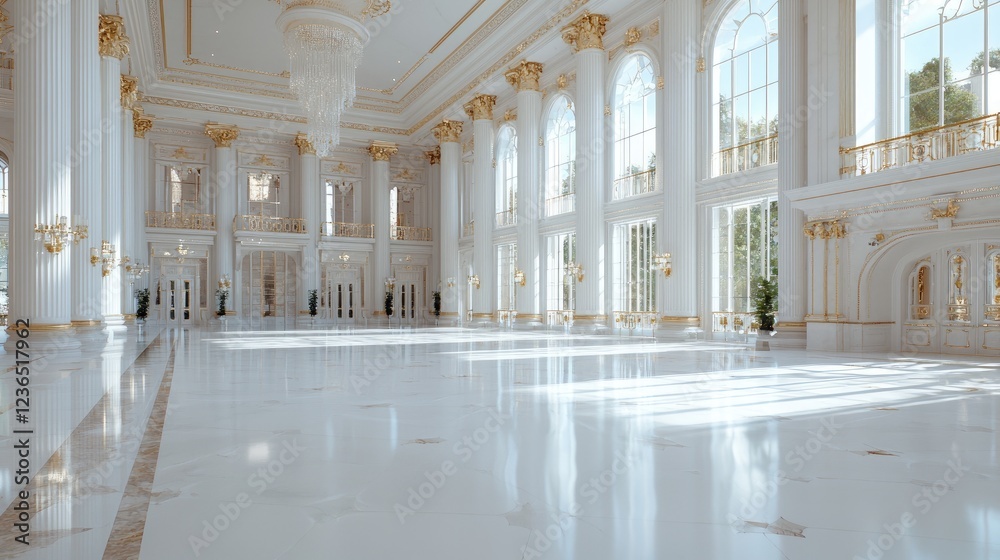 Fototapeta premium Grand palace ballroom, sunlight, marble floor, event
