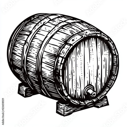 Hand-drawn engraving of an oak wooden barrel in a woodcut style. Vintage and modern illustration of a rustic wine, beer, whisky, rum, cognac, and bourbon barrel, isolated on a white background photo