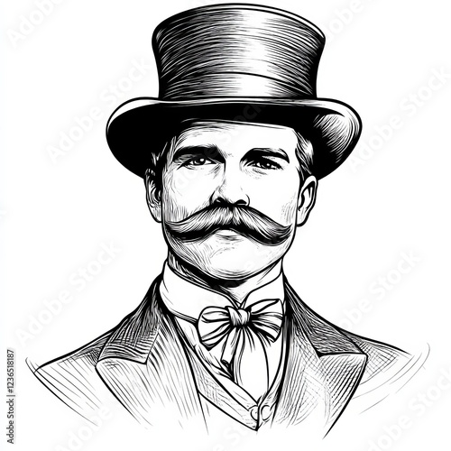 Hand-drawn illustration of a mustachioed English gentleman in a suit and top hat photo