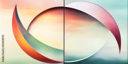 Abstract geometric diptych frame, copy space for product or text placement, curves, orange green pale yellow