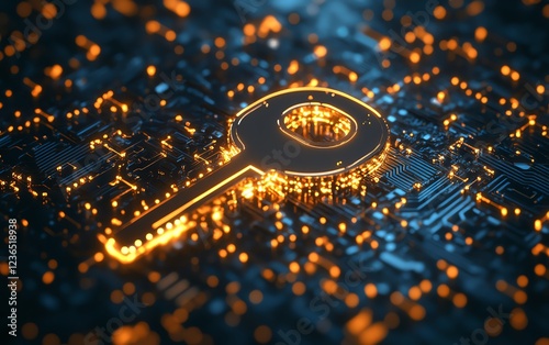 A futuristic metallic key glowing amidst a network of digital circuits and encryption symbols