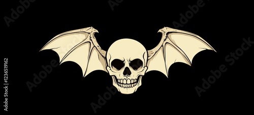 A modern illustration featuring a white skull and bat wing silhouette against a black background photo