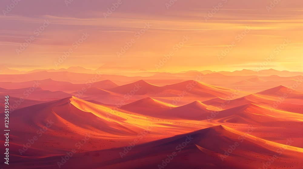 Naklejka premium Golden Sandscapes: A Breathtaking Sunset over Rolling Desert Dunes, Painted in Warm Hues, Evoking Serenity and Wonder. Vast Expanse of Desert Landscape at Dusk.