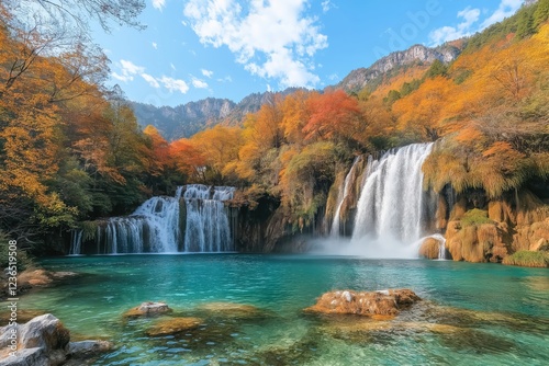 Stunning autumn landscape featuring waterfalls and vibrant foliage in a serene natural setting