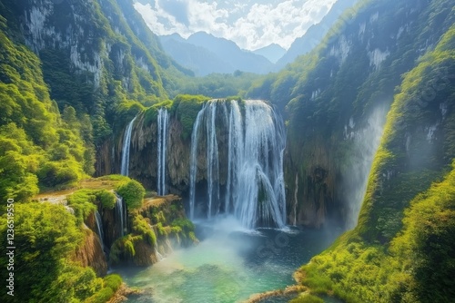 Majestic waterfall cascading through lush green mountains in daylight