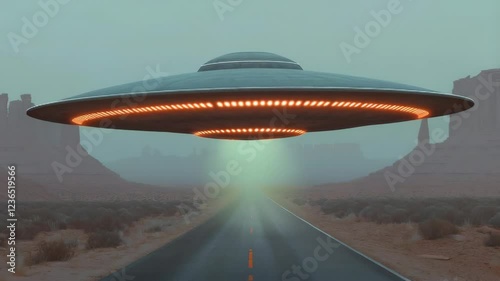 Wallpaper Mural UFO hovering over desert road at night. space ship. Ufo alien saucer flying.  3d animation, video. Torontodigital.ca