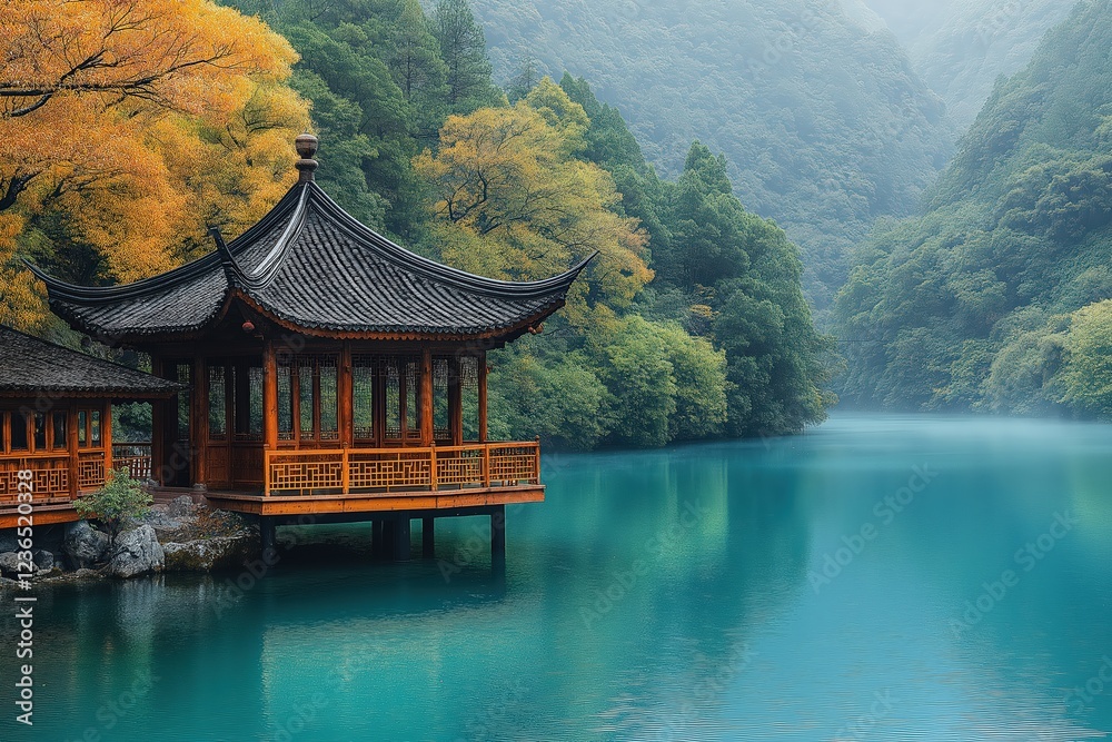 Obraz premium Traditional pavilion near tranquil blue lake surrounded by autumn trees at misty morning